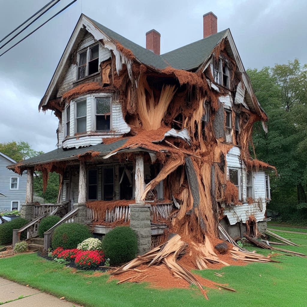 Damaged tree on an Addison home showing signs of disease and decay